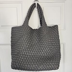 Woven Faux Leather Tote Bag in Charcoal Gray